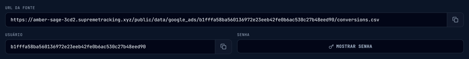 Fonte de dados criada, mostrando URL da fonte, usuário e o botão Mostrar senha