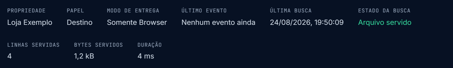 Linha de métricas da conexão com Última busca, Estado da busca Arquivo servido, Linhas servidas, Bytes servidos e Duração