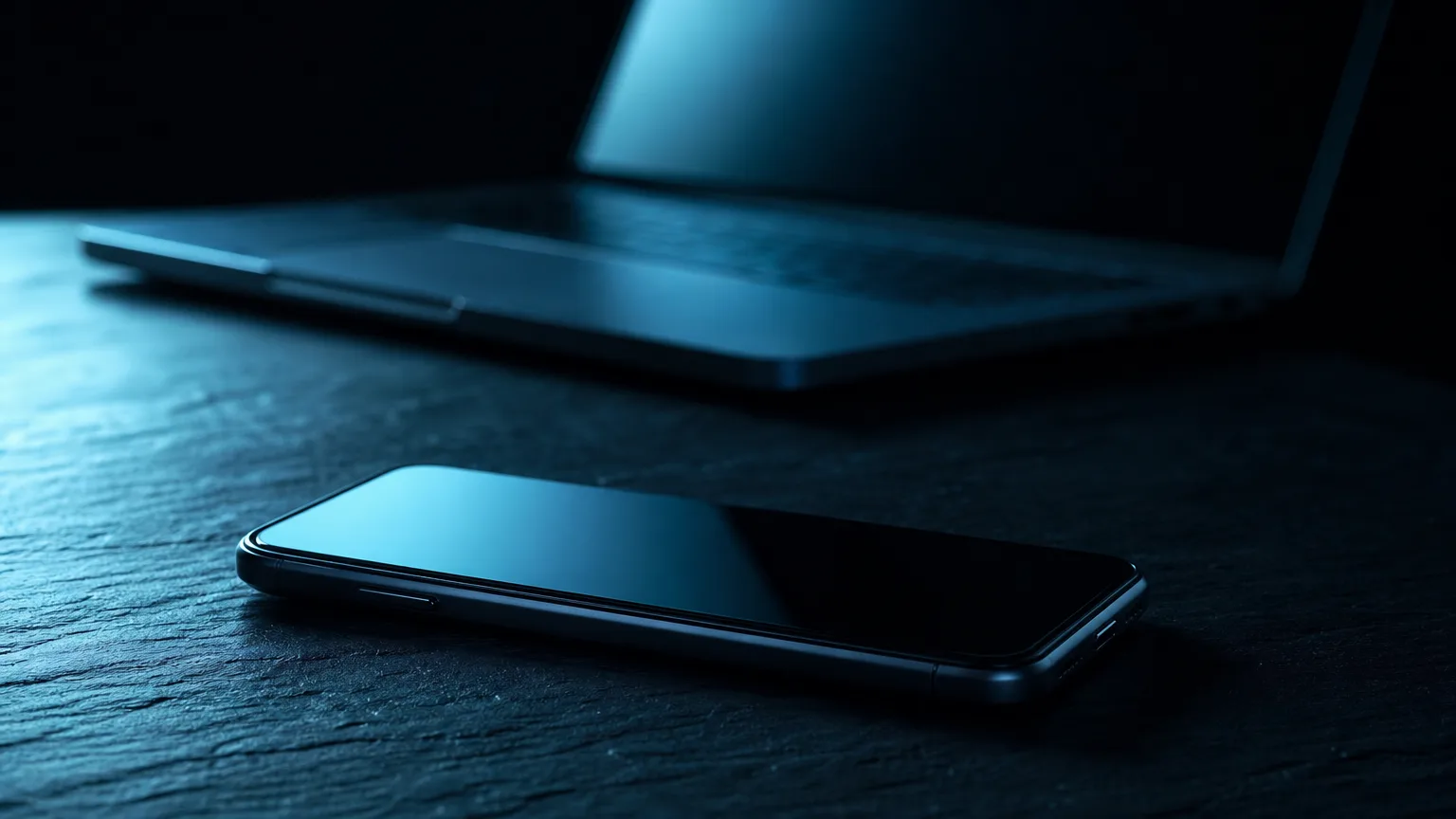A smartphone on a dark slate surface with an open laptop behind it; both screens reflect the same cold cyan light